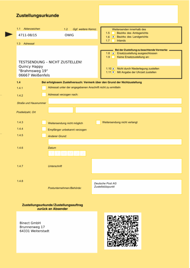 Postzustellungsurkunde mit QR-Code
