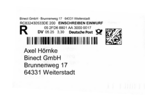 Adressfeld von einem Einschreiben Einwurf