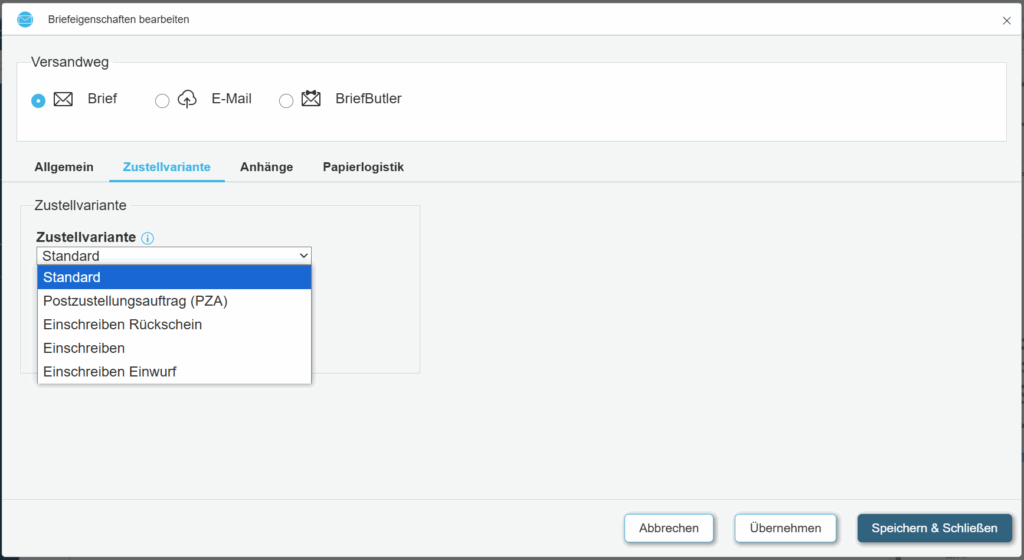 Zustellvarianten von Einschreiben mit Binect