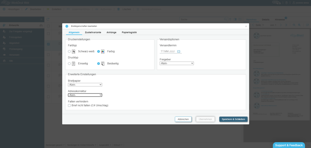 Screenshot WorkDesk Web Briefeigenschaften allgemein