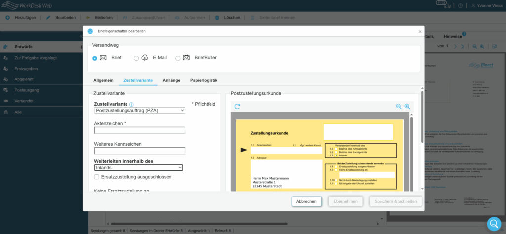 Screenshot WorkDesk Web Zustellvariante Postzustellungsauftrag