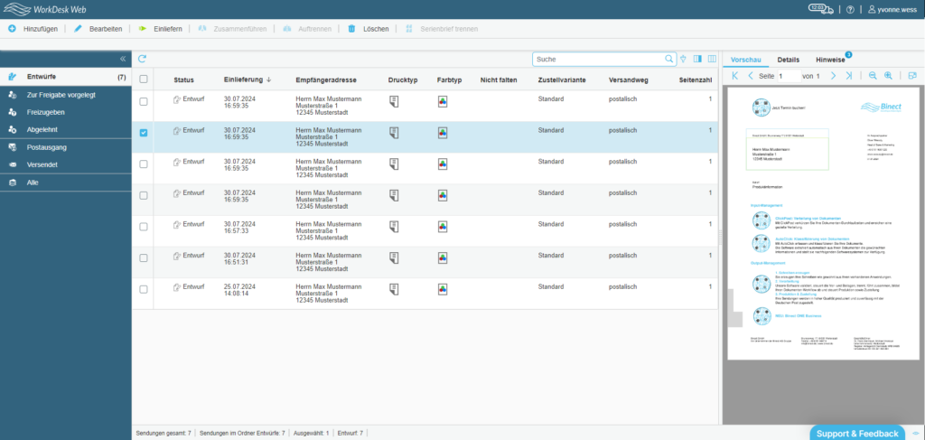 Screenshot WorkDesk Web Entwürfe mit Vorschau