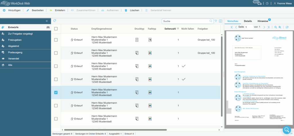 Screenshot WorkDesk Web Entwürfe mit Vorschau