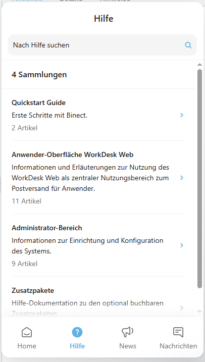Sofort-Hilfe bei Binect ONE Rubrik Hilfe