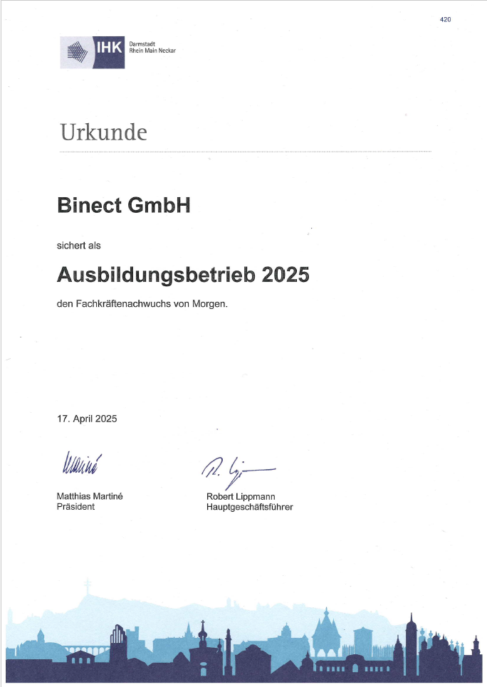 IHK-Urkunde Binect ist Ausbildungsbetrieb