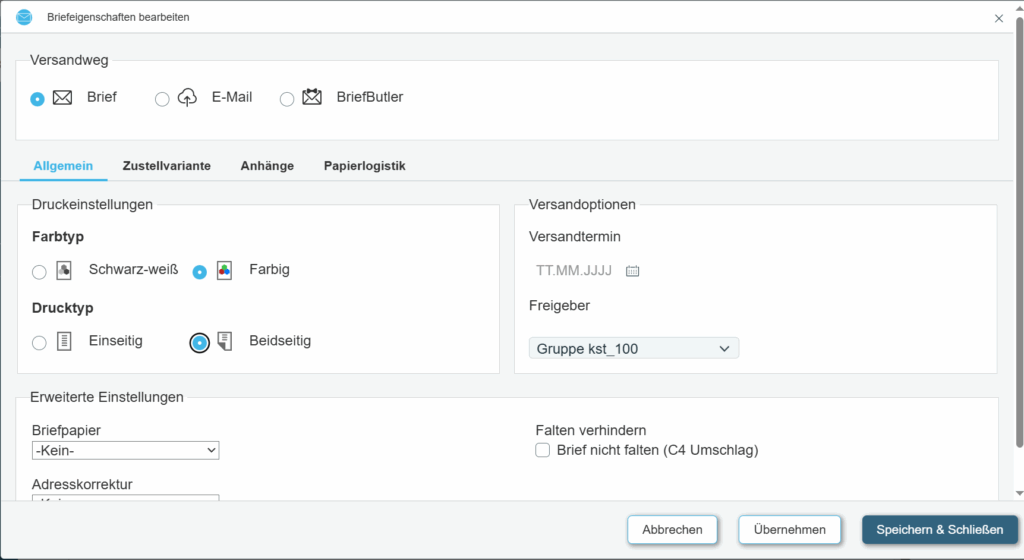 Briefeigenschaften bearbeiten für klassische analoge Briefprodukte