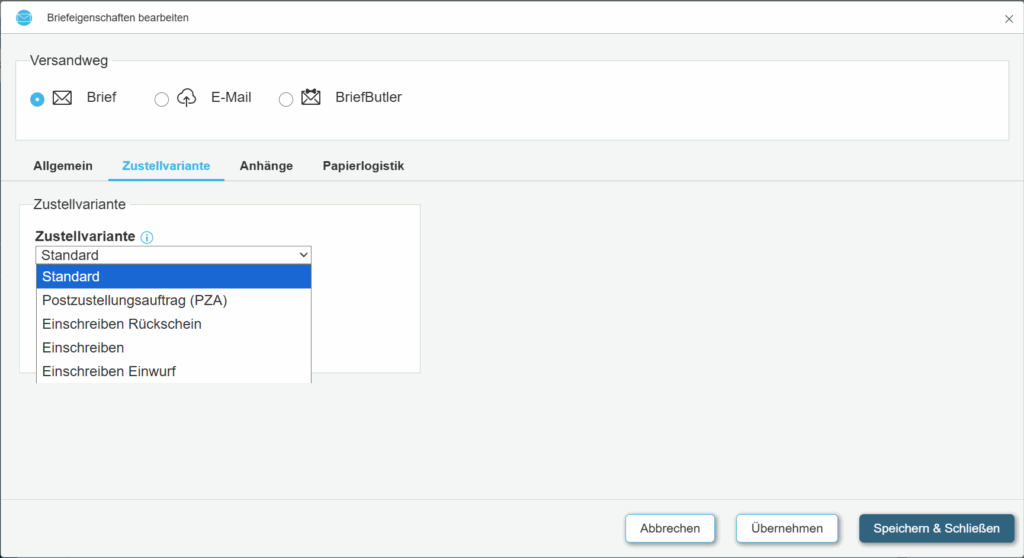 Zustellvarianten für klassische analoge Briefprodukte